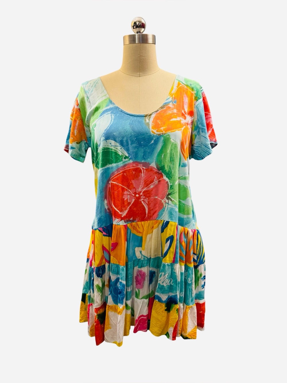 Jam’s World Hattie Dress XS 100% Rayon Hawaiian Art Print Tiered Ruffle Mini